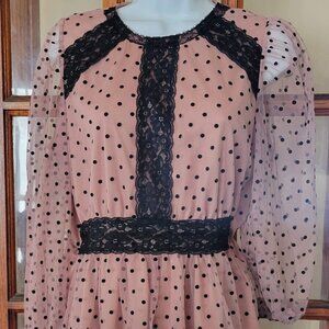 Orchid Haze Blush Pink Black Polka Dot Lace Accent Peplum Blouse Size S